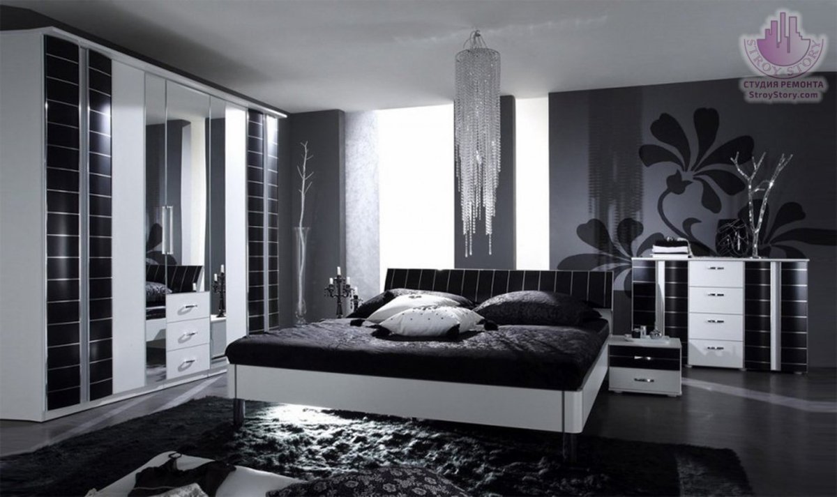 Черно белая мебель в спальне