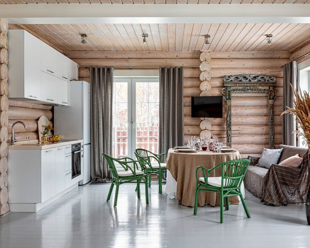 Дизайн кухни гостиной в деревянном доме