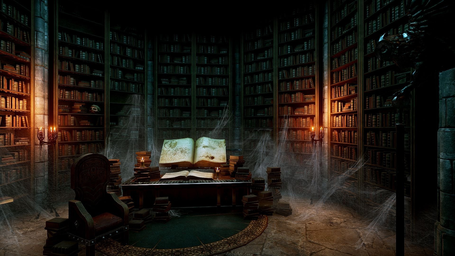 Старая фэнтези книги. Мистическая библиотека. Таинственная комната. Темная комната с книжными полками.