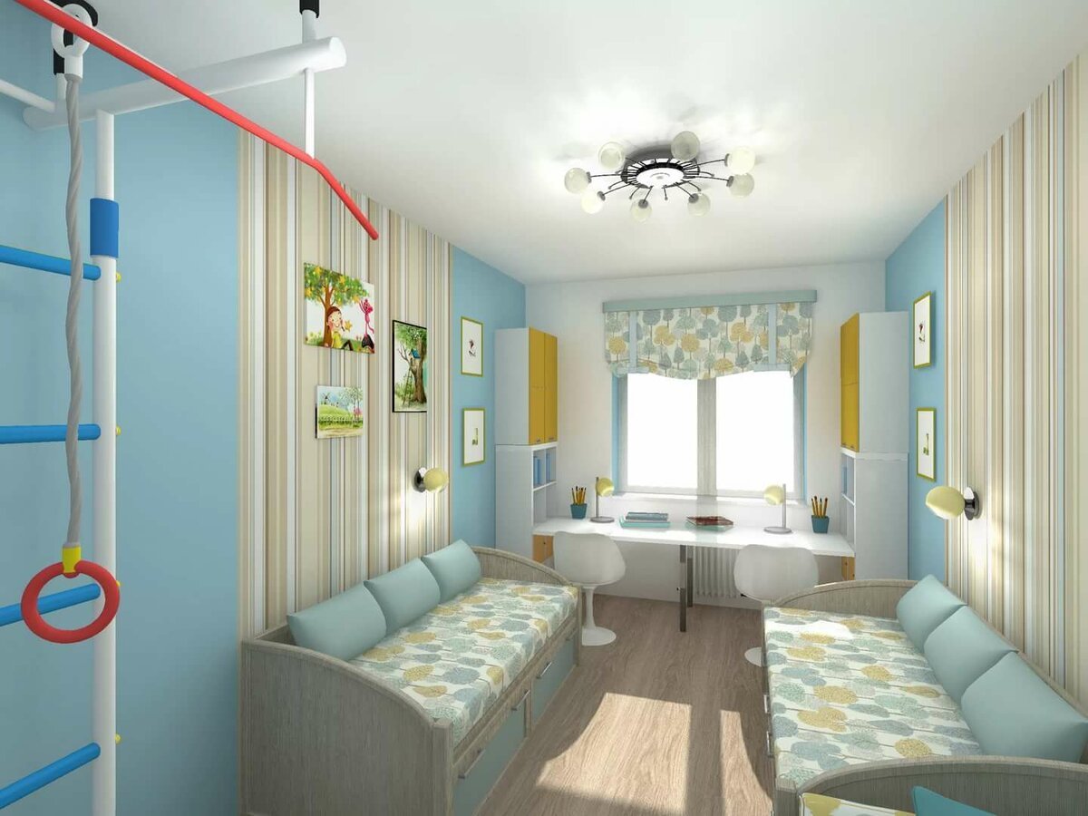 Дизайн узкой детской комнаты для двоих