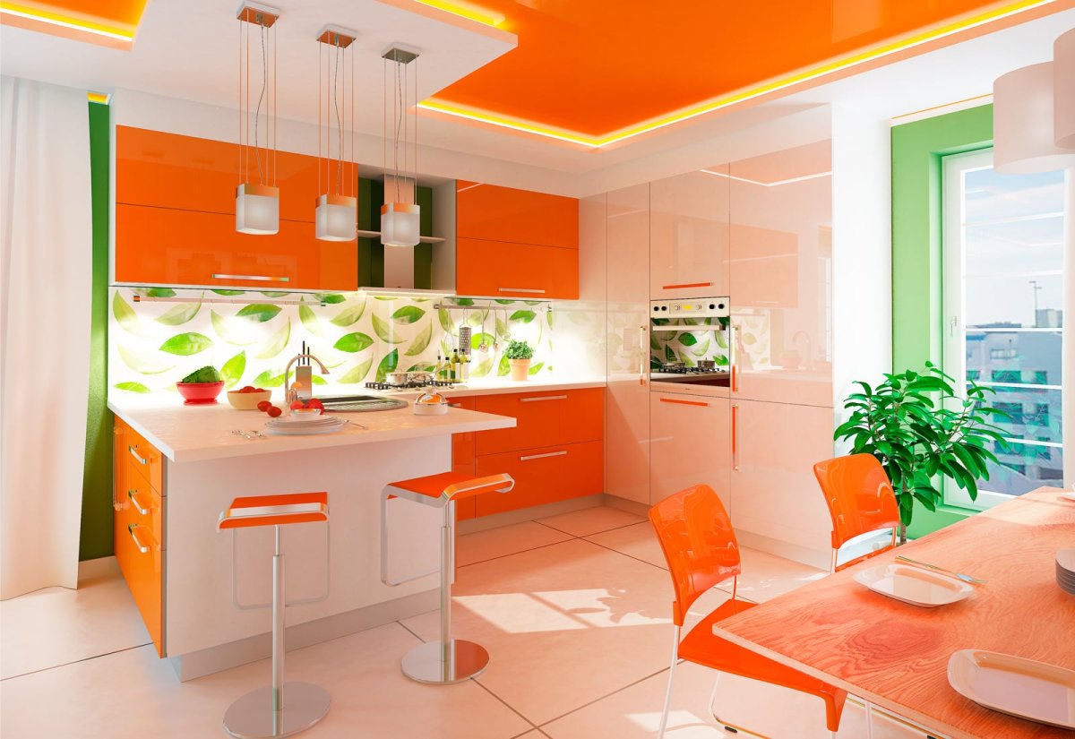 Зелено оранжевая кухня