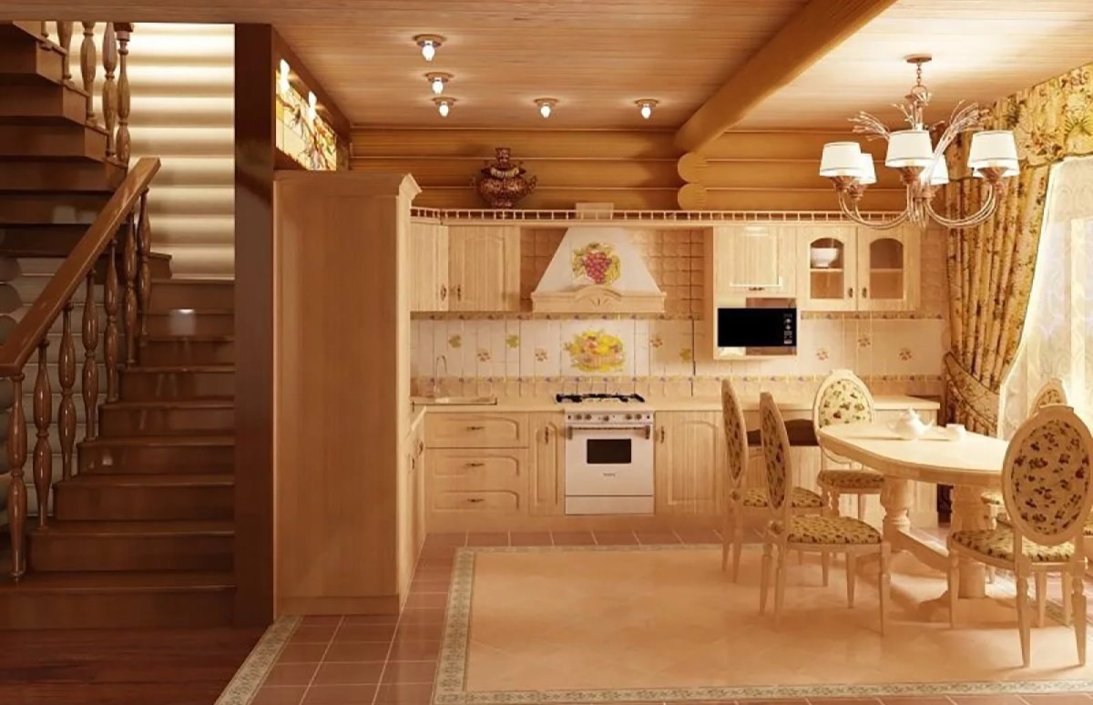 Интерьер кухни гостиной в деревянном доме