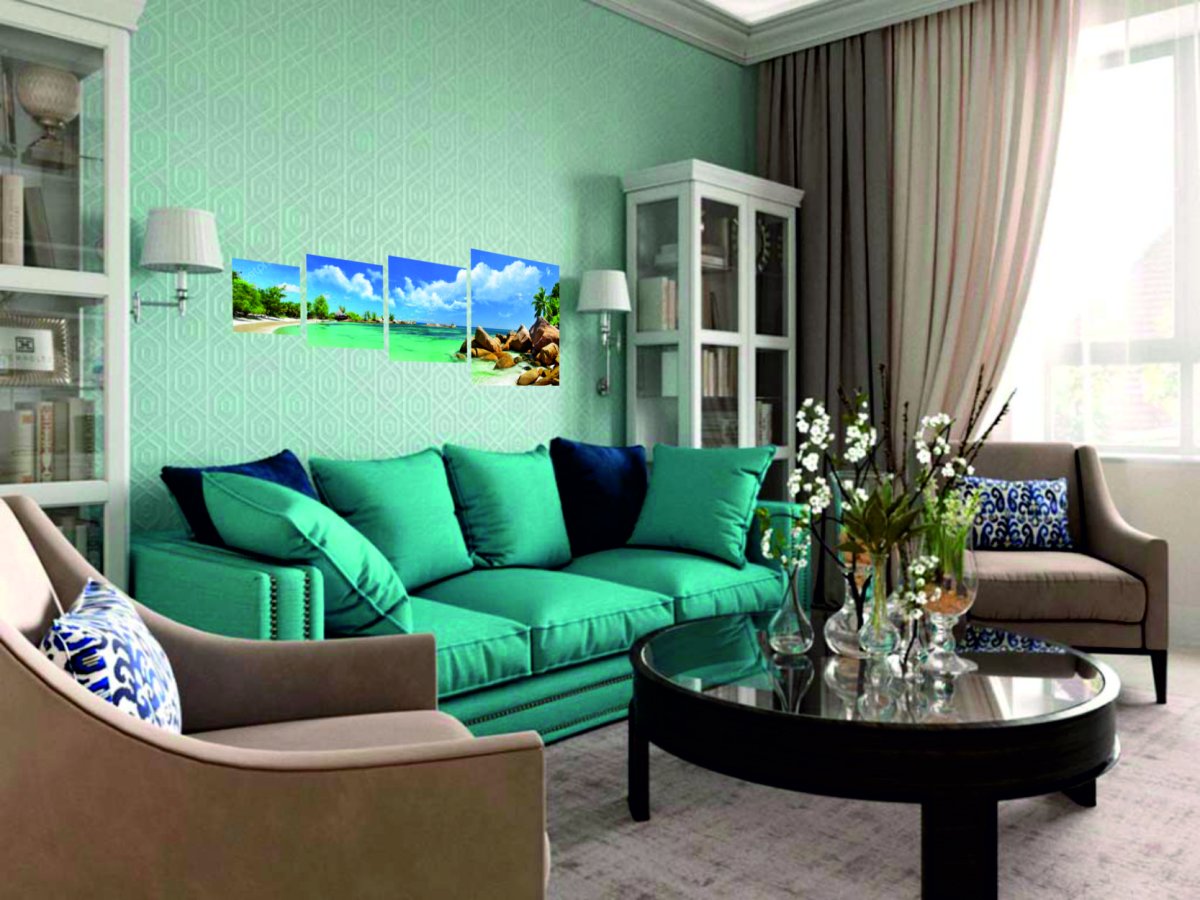 Дизайн комнаты с бирюзовым диваном