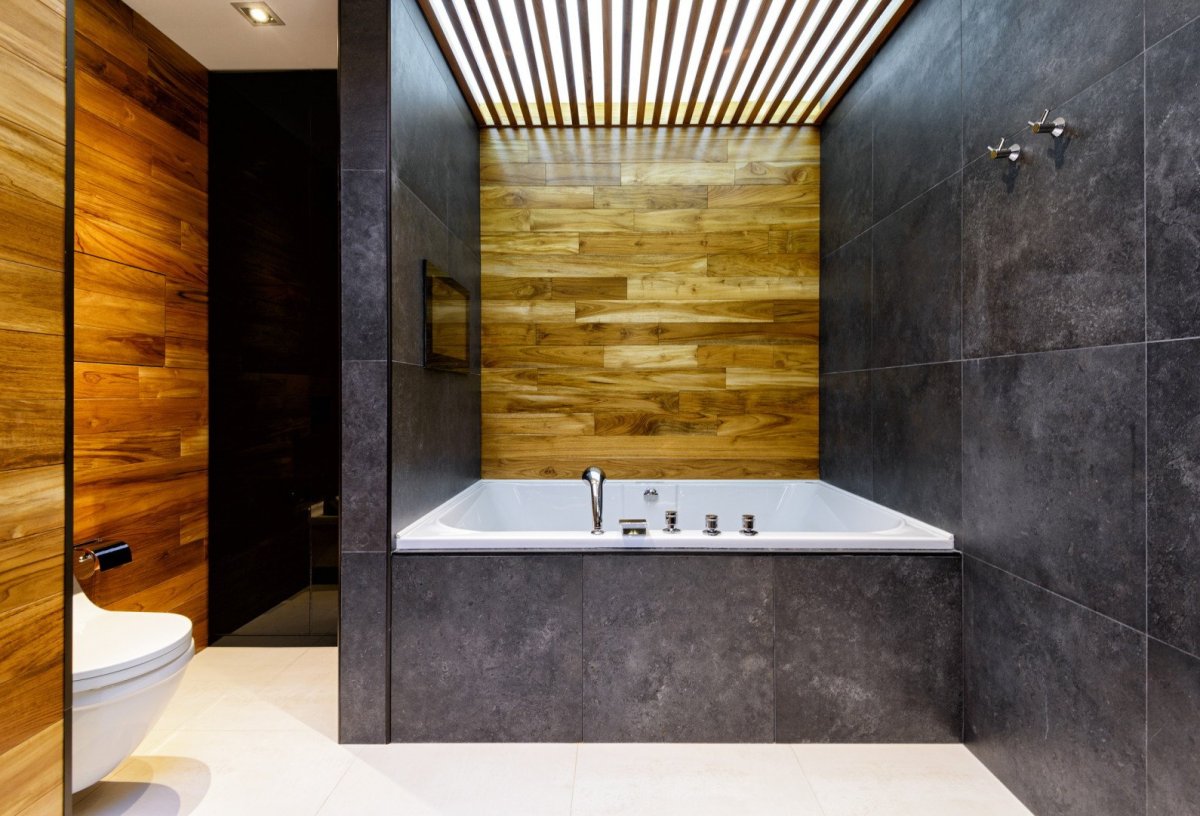 Дизайн ванной комнаты бетон и дерево