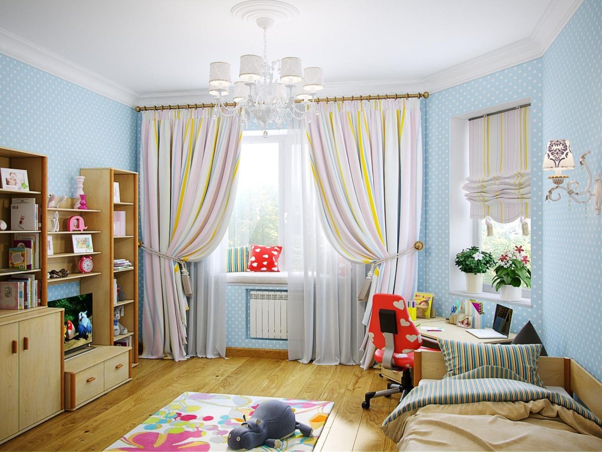 Дизайн детской комнаты с двумя окнами