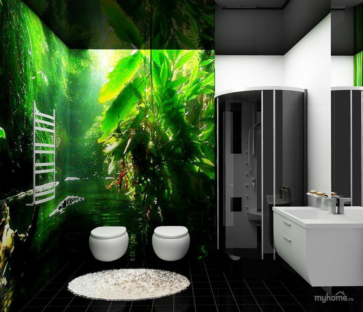 Туалет цвет зеленый. Ванная в зеленом цвете. Фотообои в интерьере ванной комнаты. Фотообои в туалете. Туалетная комната.