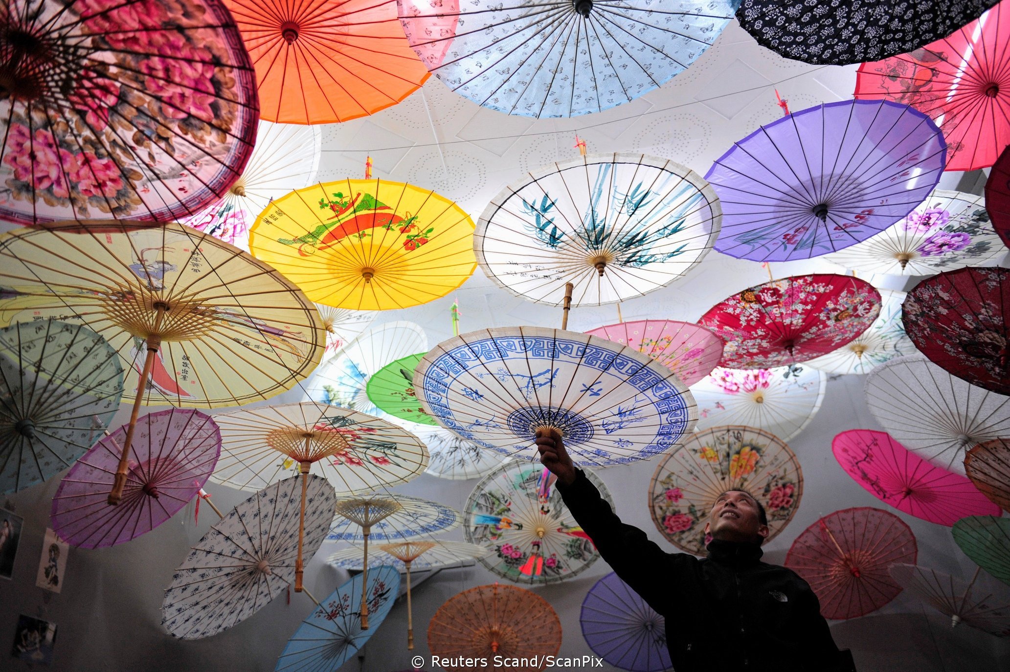 Продавец зонтиков. Японский зонтик. Китайский зонтик. Разноцветные зонтики. Украшение потолка зонтиками.