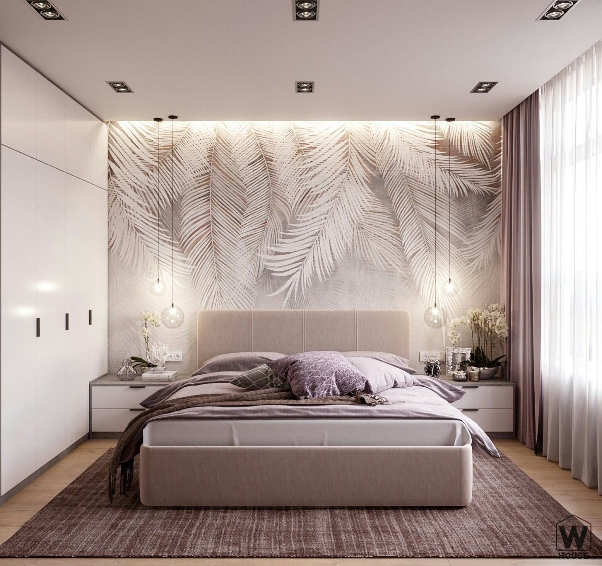 Дизайн спальни с перьями обои